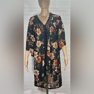 SHEAR TIE-FRONT FLORAL KIMONO DTESS BY EMBER 3/4 LENGTH SLEEVE SIZE L